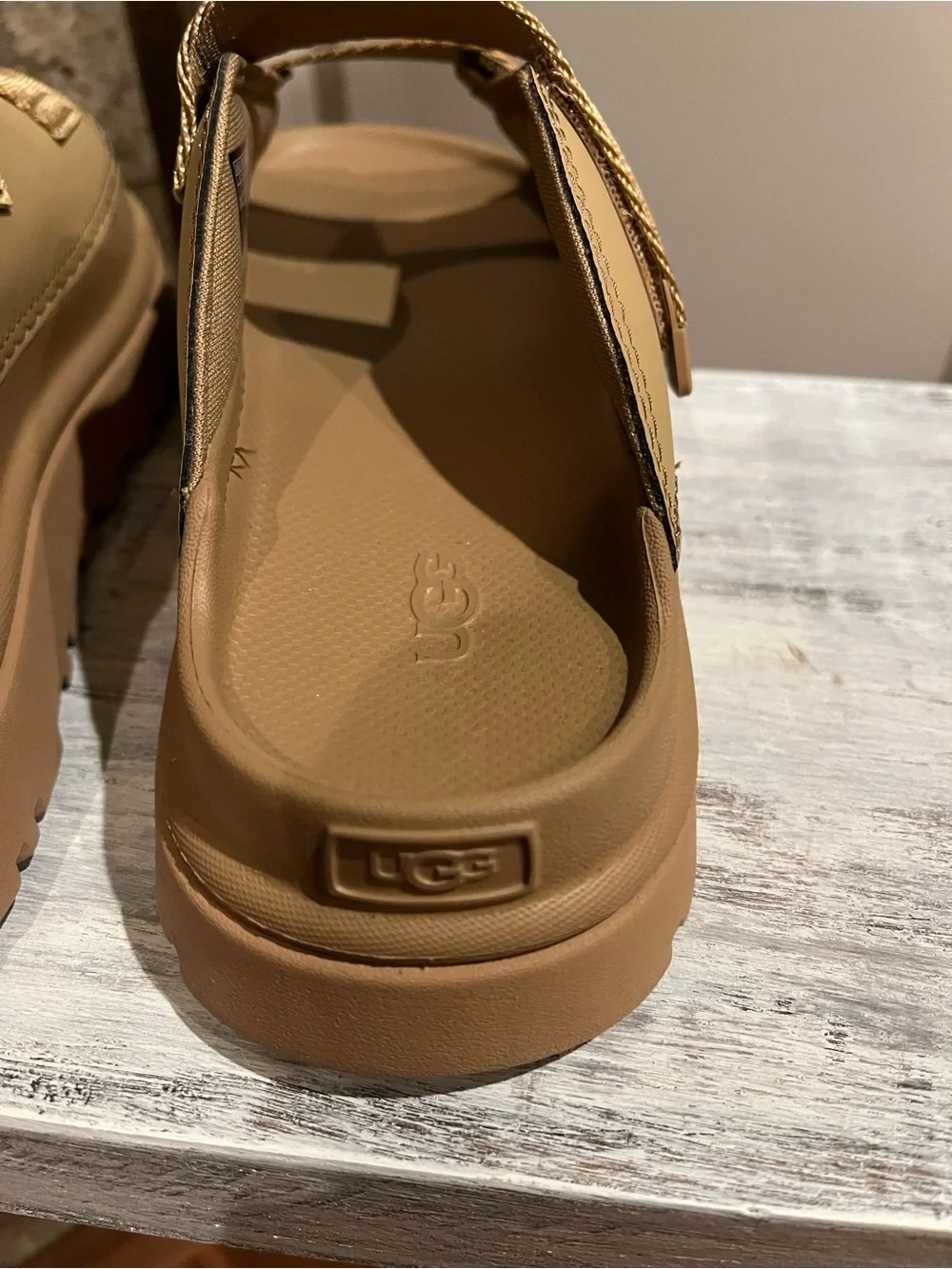 UGG Slide Sandals in Beige/Gold with adjustable straps